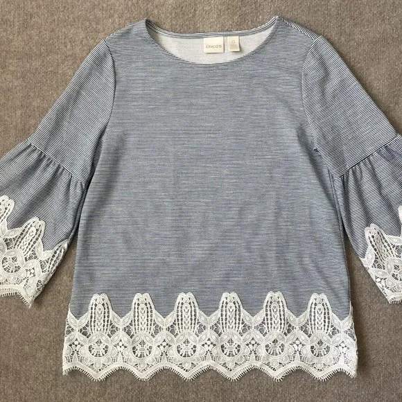 Chico's Shirt Womens 0 (Small) Blue White Striped Lace Bell Sleeves Hem Casual - Picture 2 of 8